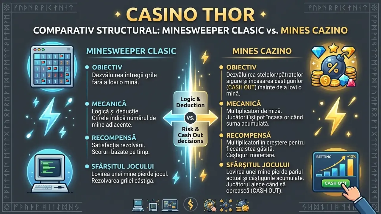 Minesweeper vs Mines cazino, infografic cu diferențele de obiectiv și mecanică