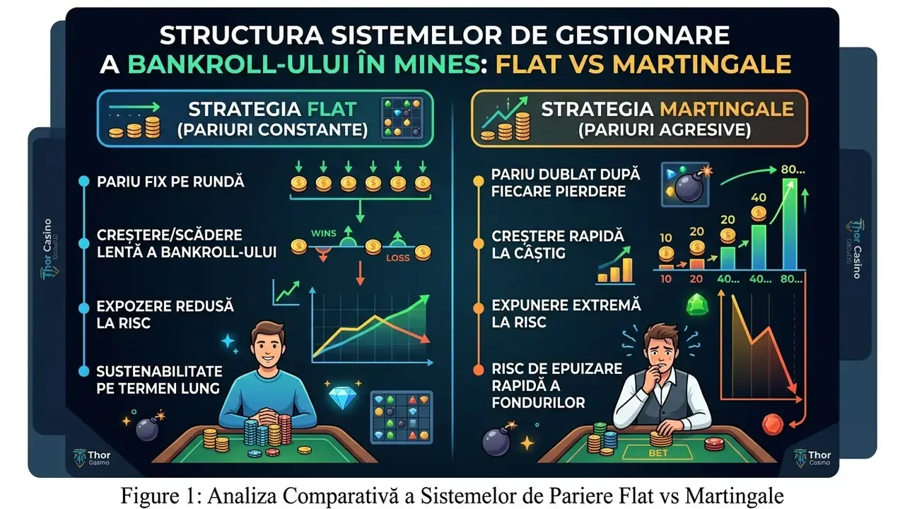 Mines casino infografic, comparație sisteme de pariere Flat, Martingale și Fibonacci